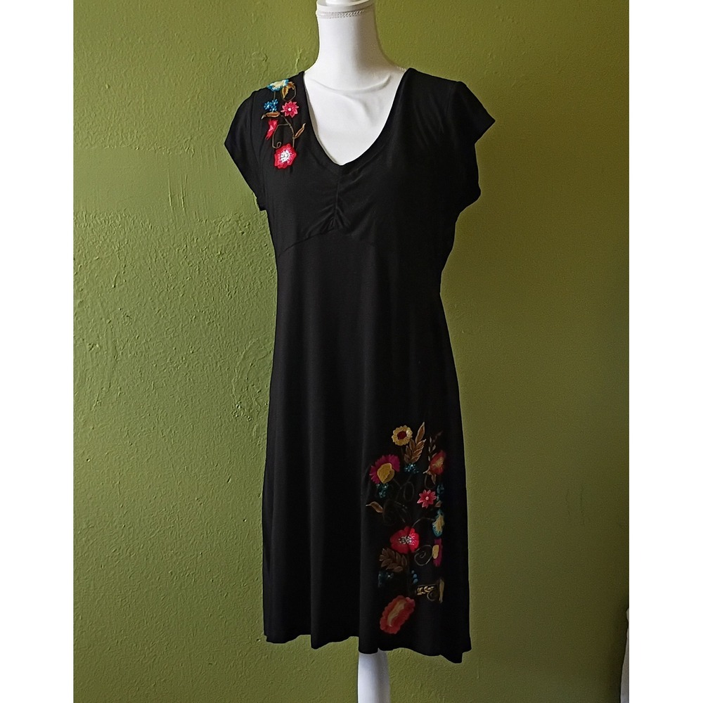Caite Black Floral Embroidered Dress XL Boho Cottagecore Dark Fairy Whimsical